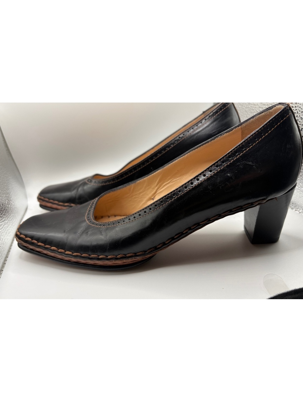 Quercioli Firenze Italian Black Leather Brogue Chunky Heel Pumps EU 38.5 / US 8